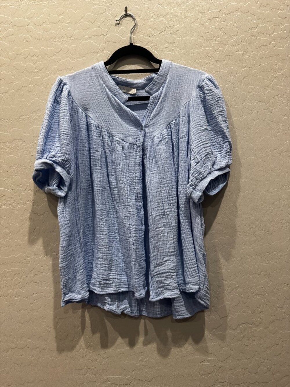 Italian Flamant Rose Light Blue Double Gauze Cotton Button Top Size L